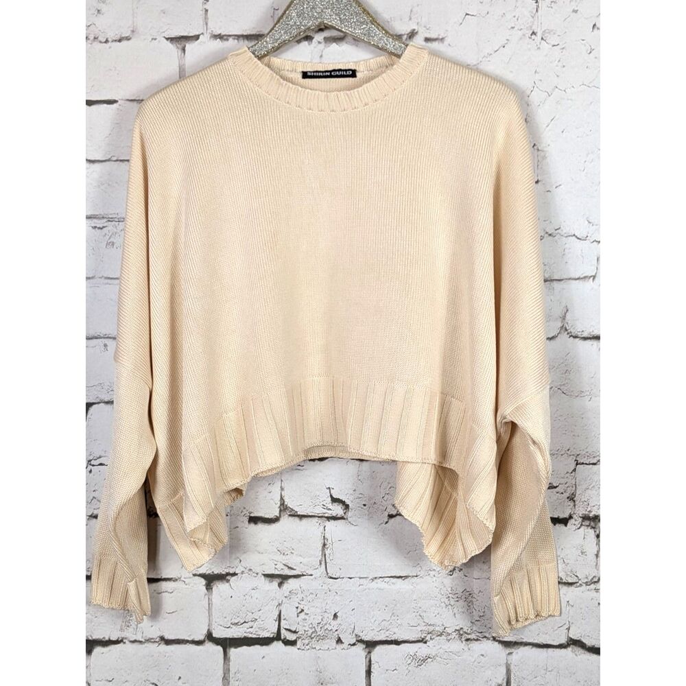 SHIRIN GUILD 100% Silk Cream Dolman Swing Crop Sweater Dramatic Artsy Luxe OS